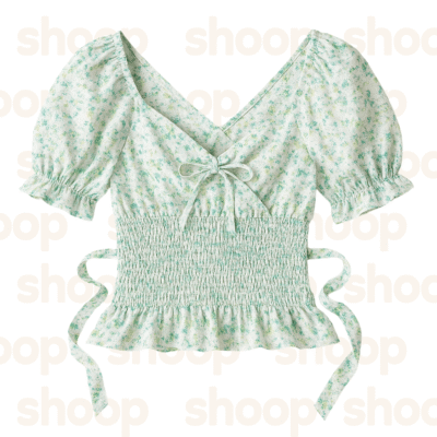 Blusa Floral Verde con Lazo y Mangas Abullonadas